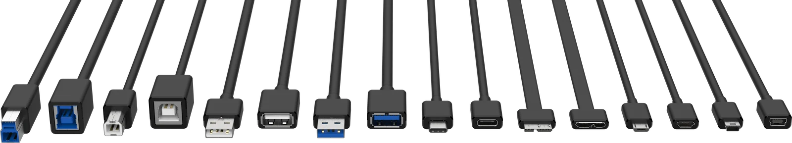 Alla USB-kontakter sida vid sida: Typ-B 3.0, Typ-B, Typ-A, Typ-A 3.0, Typ-C, Micro-B 3.0, Micro-B och Mini-B, var och en som hane och hona.